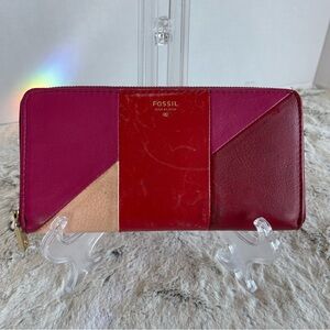 FOSSIL red maroon cream and hot pink zip around clutch wallet